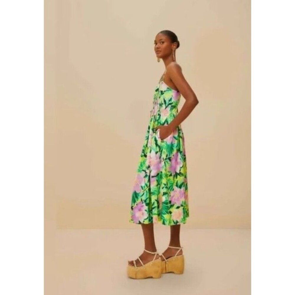 Farm Rio Painted Flowers Midi Dress In Green Pink Floral Garden Size L Sundress